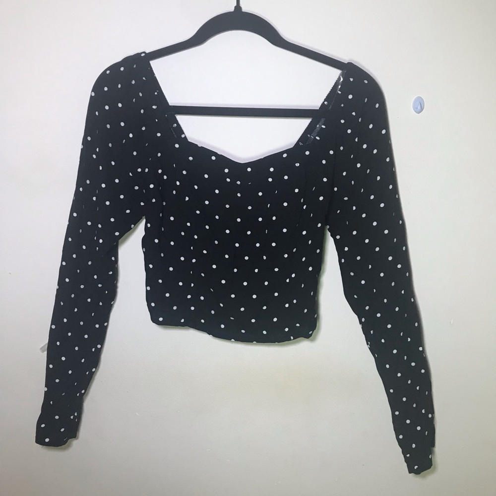 New fall Puff Long sleeve crop top polka dots black white sweetheart S